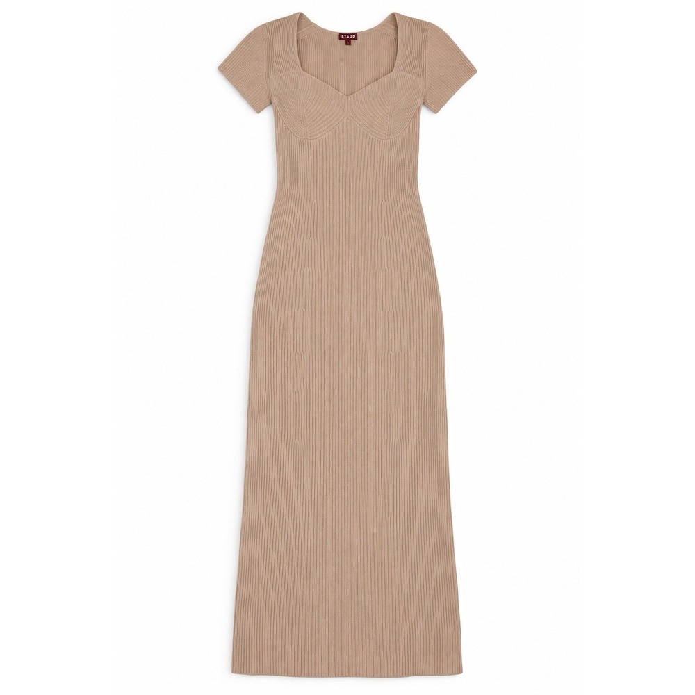 Staud Camden Ribbed Knit Sweater Maxi Dress Bustier Tan Beige L Sweetheart